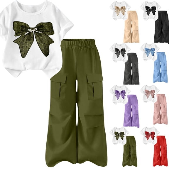 Iyufng Two Piece Sets for Girls, Old Girls Clothing, Bow Printed Short Sleeve T-Shirt and Cargo Pants Outfits 5-15 Years