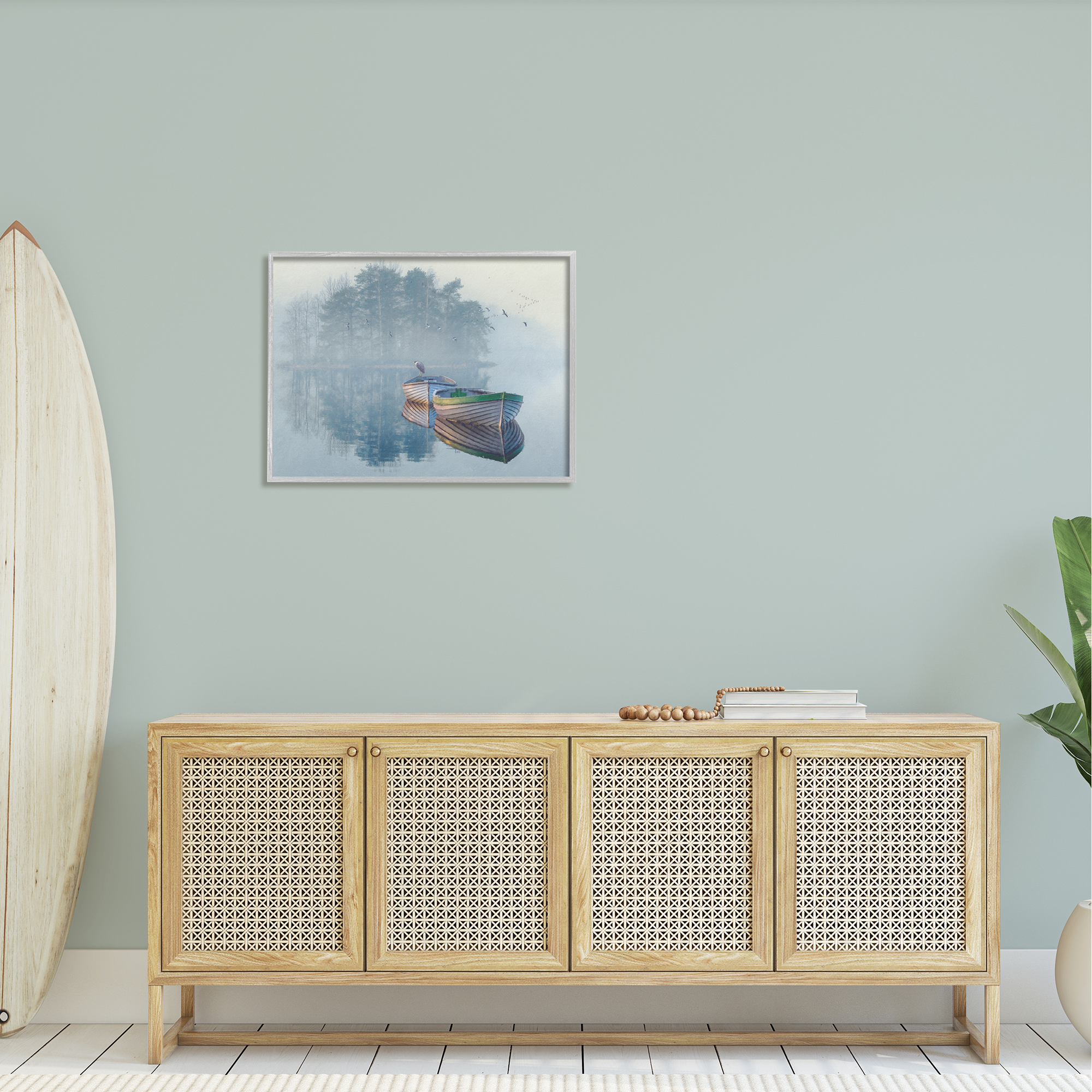 Stupell Foggy Boat Lake Reflection Landscape Painting Gray Framed Art Print Wall Art
