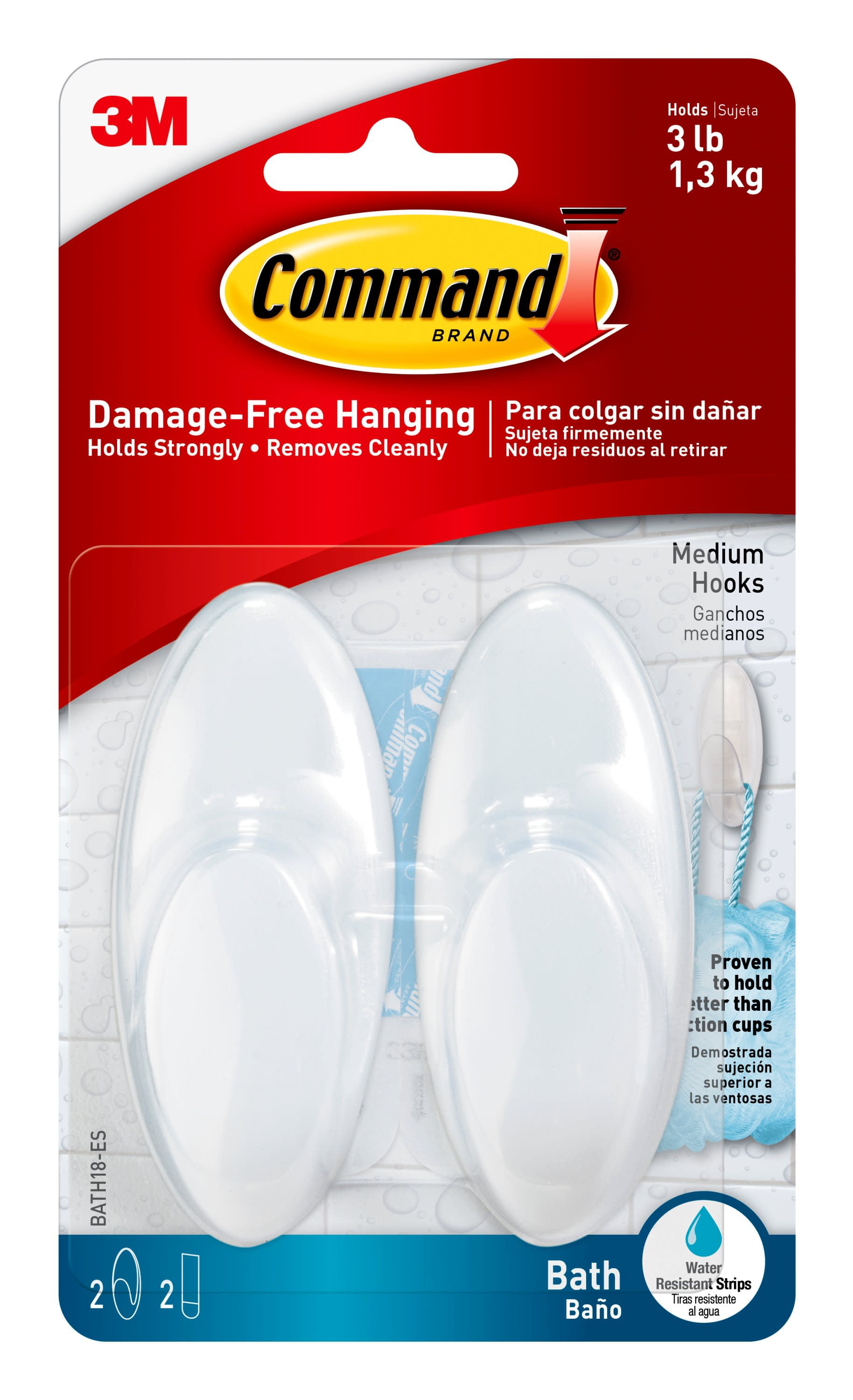 2-Hooks with Water-Resistant Strips Medium White Command Designer Bath Hooks 