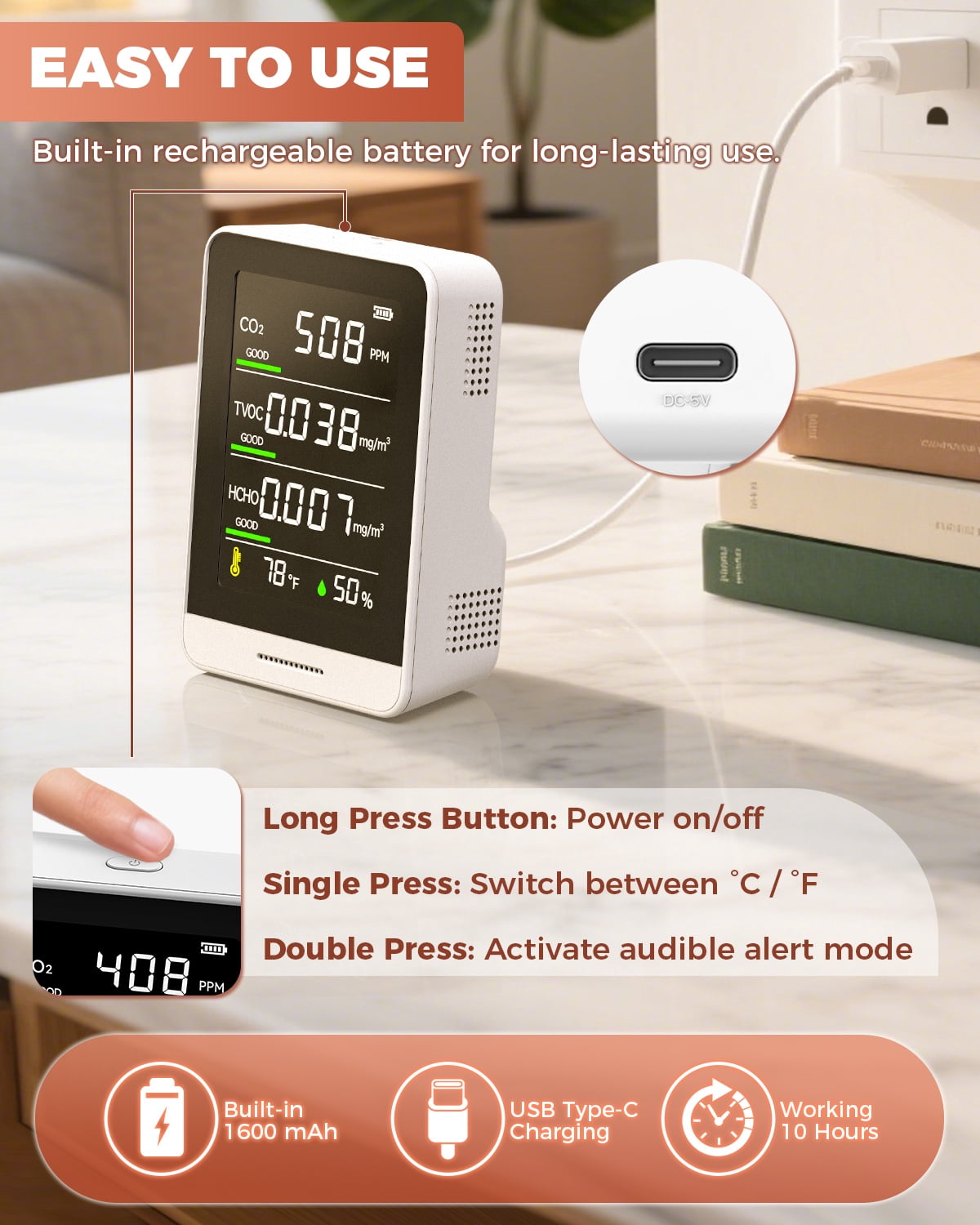 FLAZECON Air Quality Monitor Indoor, 5 in 1 Portable Real-Time Smart Air Quality Tester with CO2 Monitor, HCHO, TVOC, Temperature, Humidity Detector for Home, Office, Car, Hotel