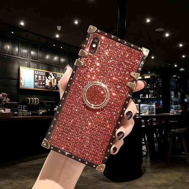 Estuche para teléfono con soporte de anillo con taladro brillante para iPhone 15, estuche cuadrado a prueba de golpes de marca de moda, accesorios para teléfono
