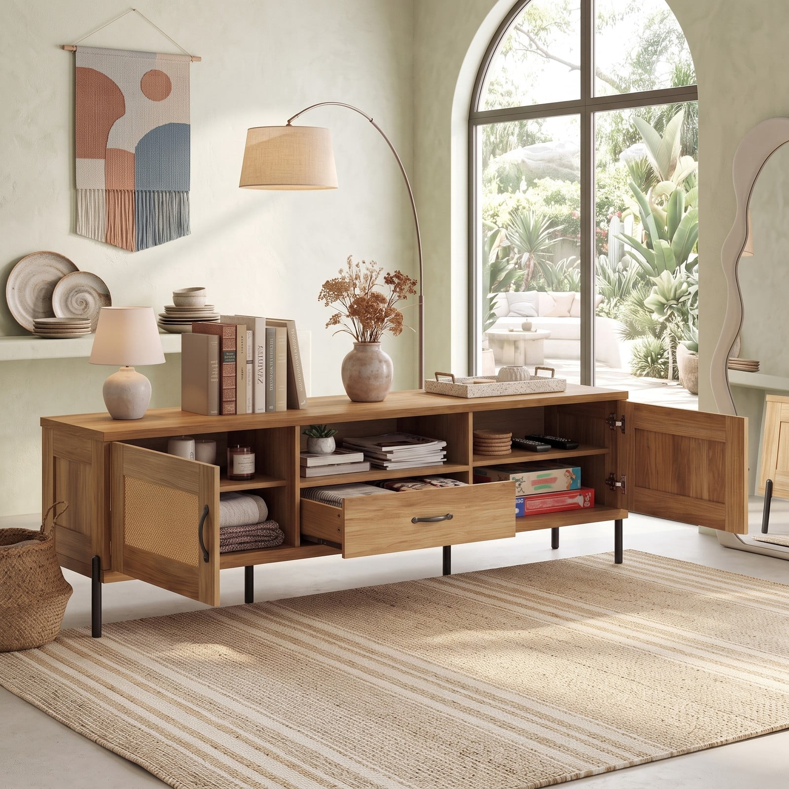 Furnibear Rattan TV Stand for TVs up to 80 Inches, Mid Century Modern Media Console Table with 2 Storage Cabinets, Adjustable Shelves and Open Compartment for, Natural