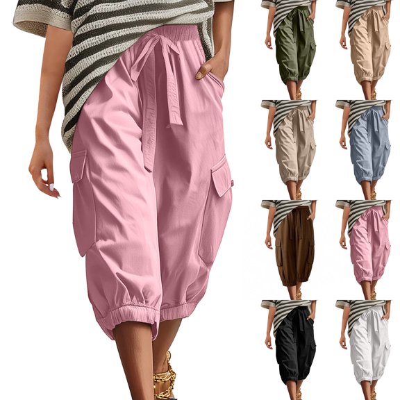 Cekizud Capri Pants for Women Multi-Pocket Drawstring Waist Loose Casual Cropped Cargo Pants,Sizes S-2XL