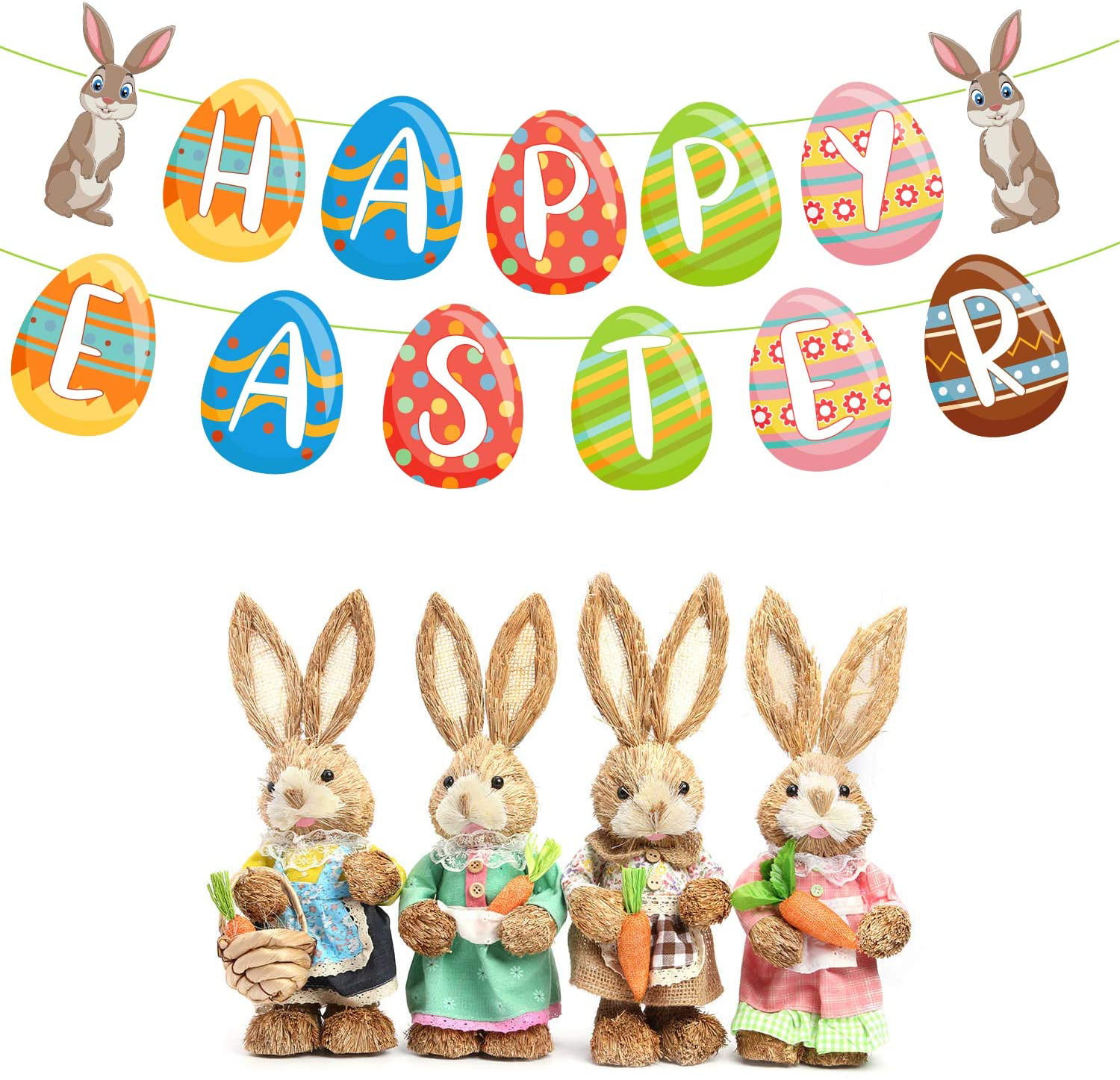 Happy Easter Banners Easter Bunny Rabbit Paper Bunting Hanging Garland for Easter Party Decorations Home Easter Decoration