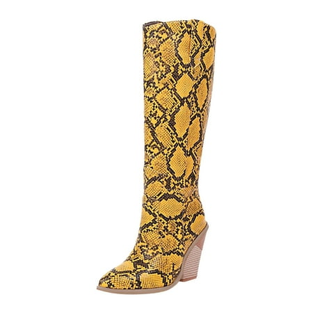 

PMUYBHF Beautiful Print Western Knee High Boots Calf Women Stacked Heel Point Toe Boots 61.98