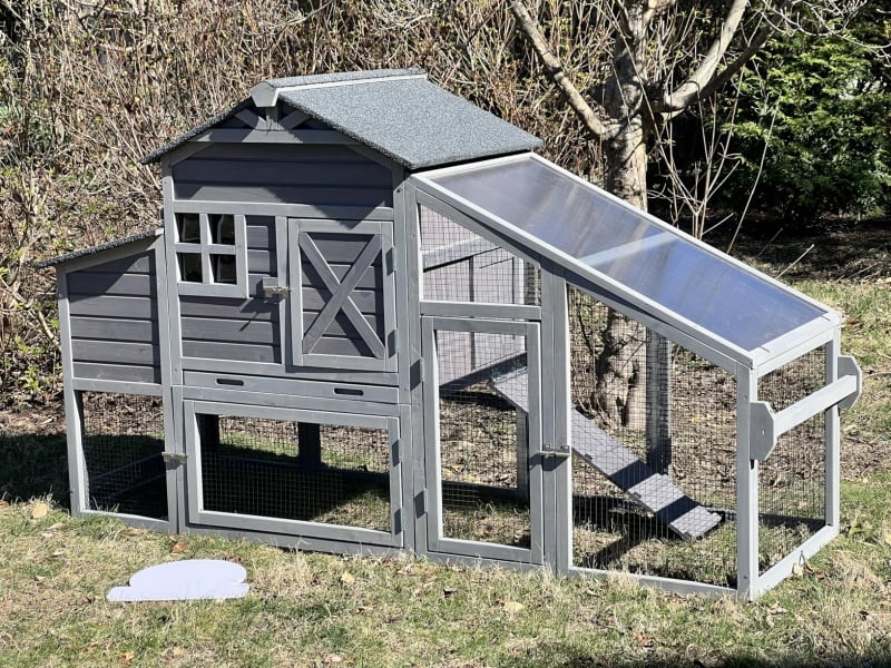 Aivituvin Large Chicken Coop with Wheels & Run, Mobile Hen House Outdoor Wooden Poultry Cage with Large Nesting Box Leakproof Pull-Out Tray, Gray