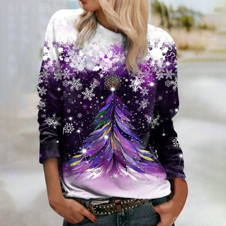 

jsaierl Womens Sweatshirt Christmas Printed Sweatshirt Round Neck Long Sleeve Casual Tops for Women Comfy Sweatshirts for Holiday