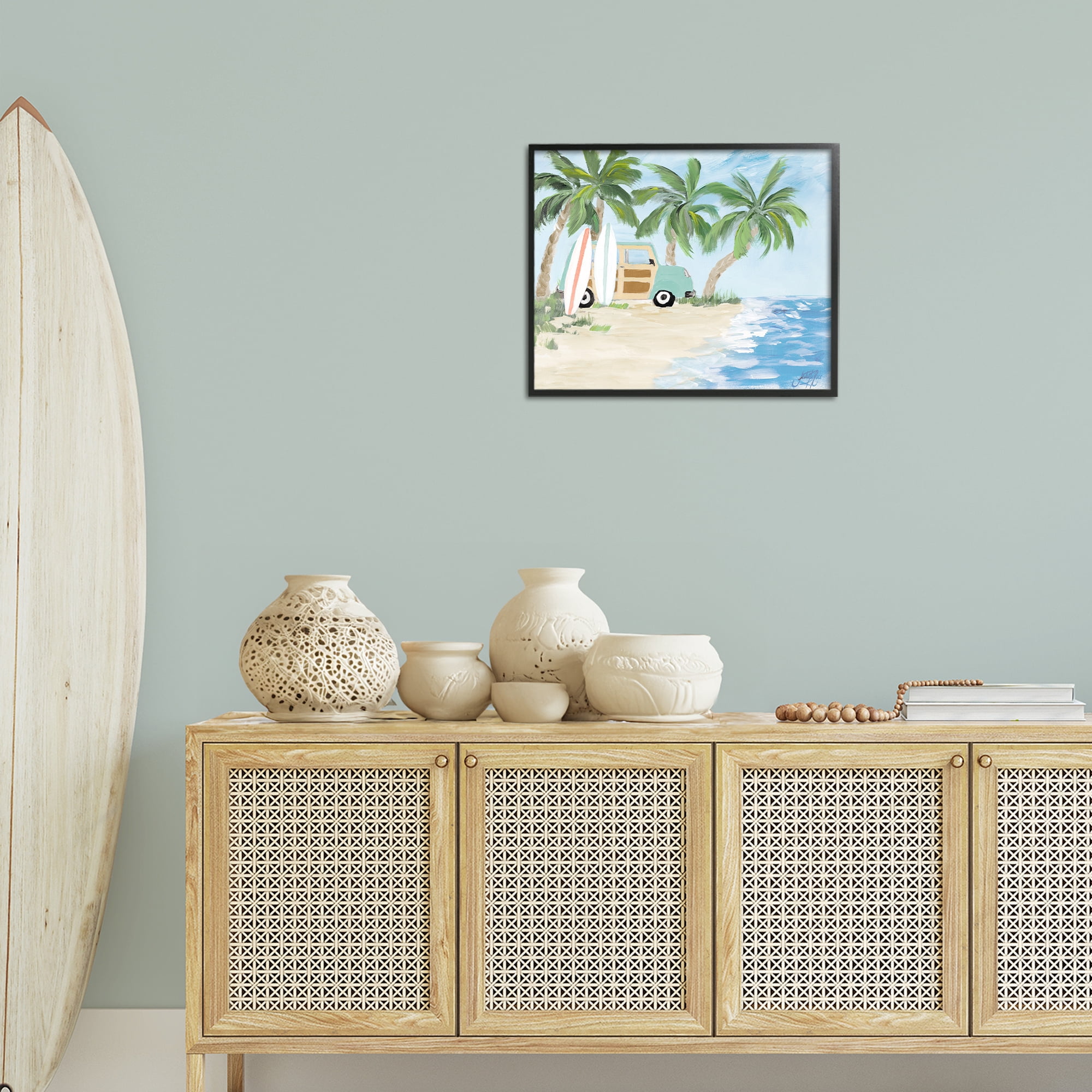 Stupell Industries Tropical Vacation Surfboards Landscape Painting Black Framed Art Print Wall Art, 20 x 16