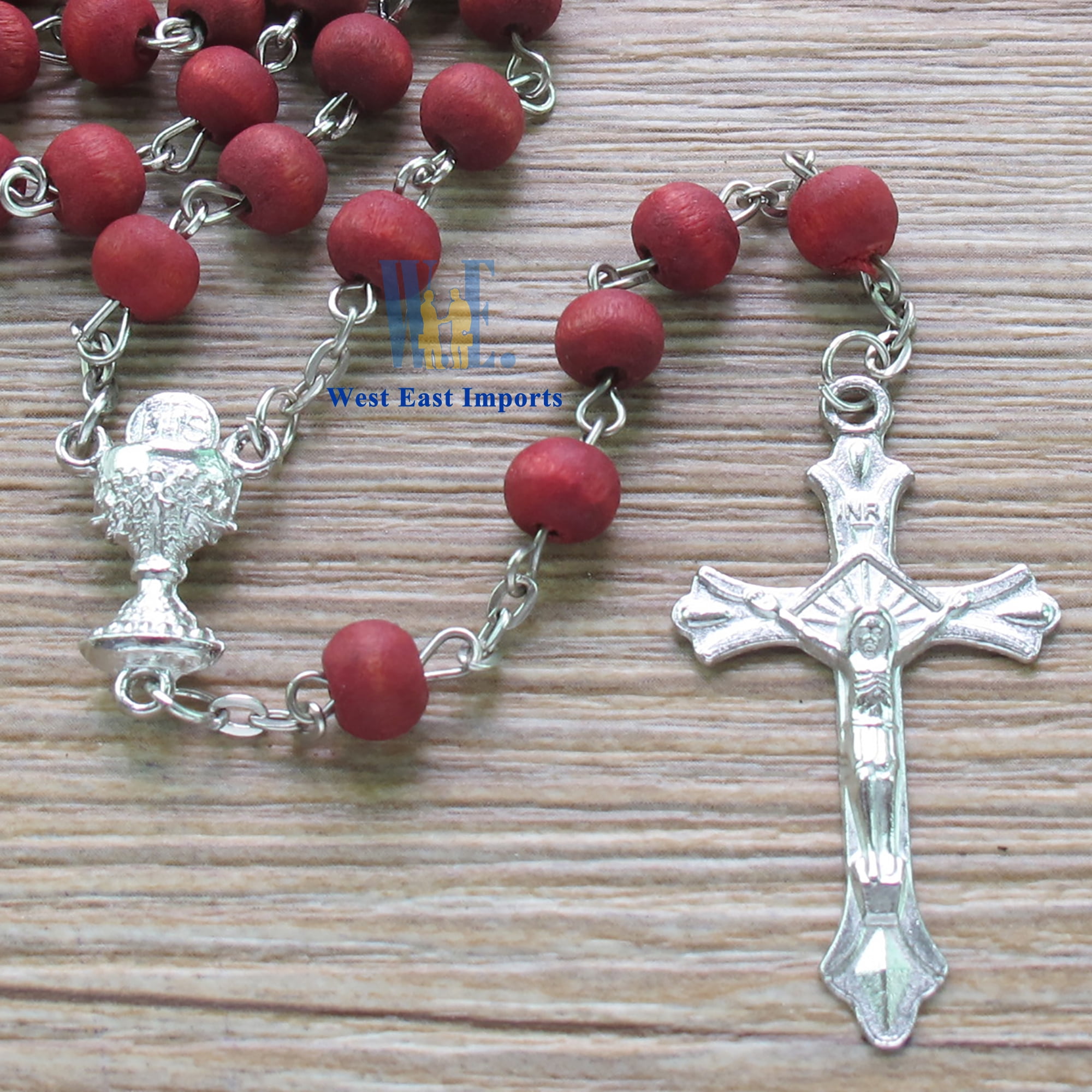 Elysian Gift Shop Catholic Rose Petal Red Rosary Necklace with Rose Bud  Silver Metal Rosary Box- Includes Rose Scented 6mm Red wood Rosary Beads  and