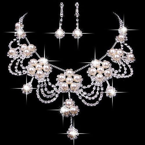 SmartBy Women's Luxury Rhinestone Faux Pearl Necklace Earring Wedding Bridal Jewelry Set
