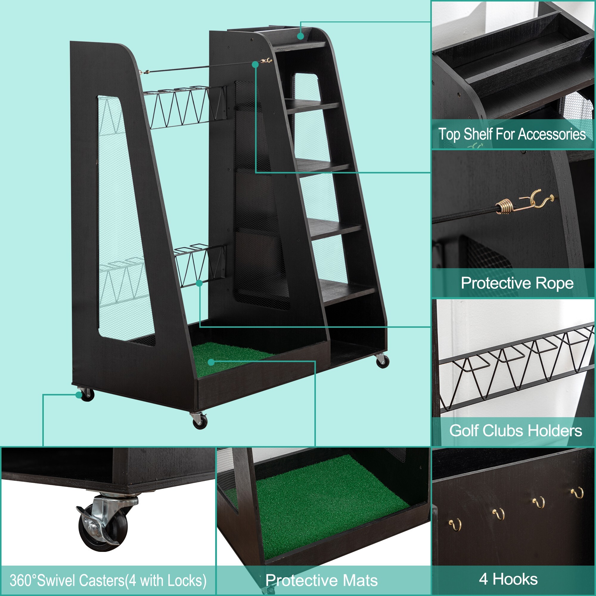AENKYO Golf Bag Storage Rack Holds 2 Bags, with Shoe & Ball Storage, Mobile Golf Clubs Organizer Cart for Garage, Black