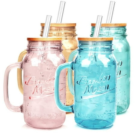 Colorful Mason Jar Drinking Set with Handle-4 Vibrant Glass Cups with Lids and Straws, Perfect for Iced Coffee Drinkware Stylish