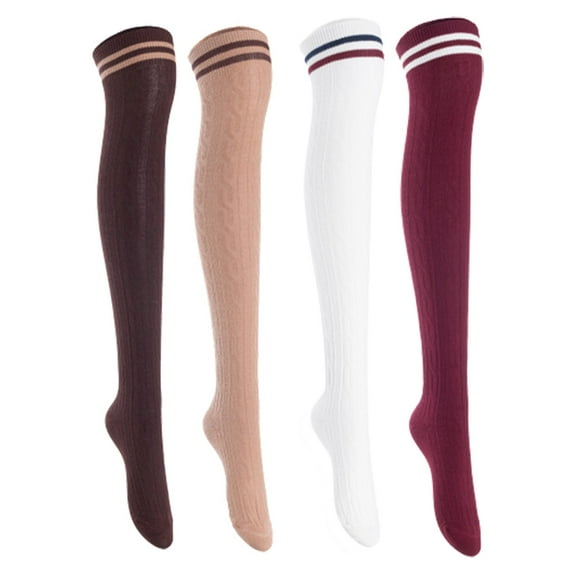 Lian Lifestyle Women's 4 Pairs Incredible Durable Super Soft Unique Over Knee High Thigh High Cotton Socks, Size US 6-9, JMYP1023 Coffee, Khaki, White, Wine
