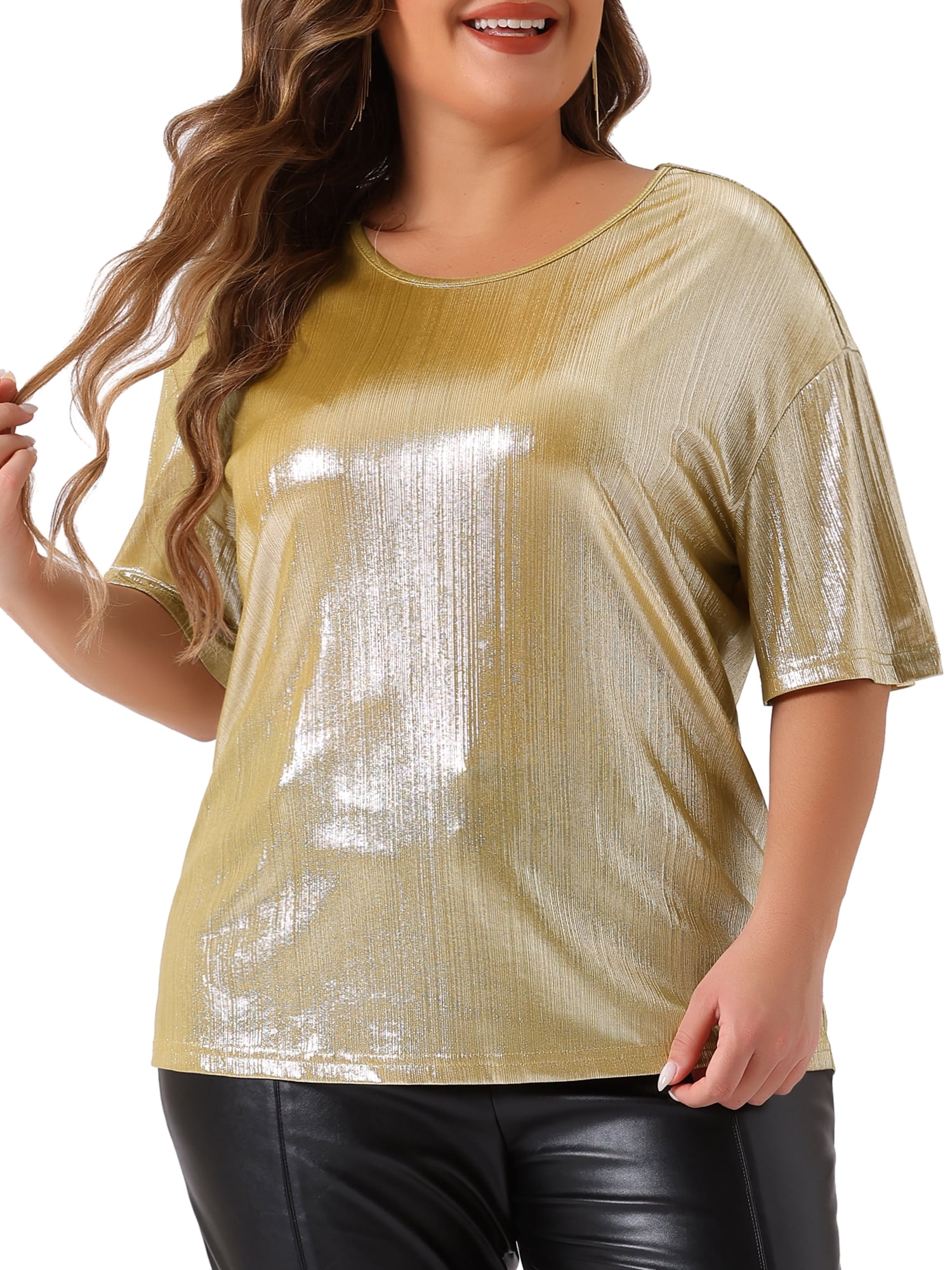 DARING DIVA Women's Plus Size Metallic Round Neck Short Sleeve Blouses 1X Champagne
