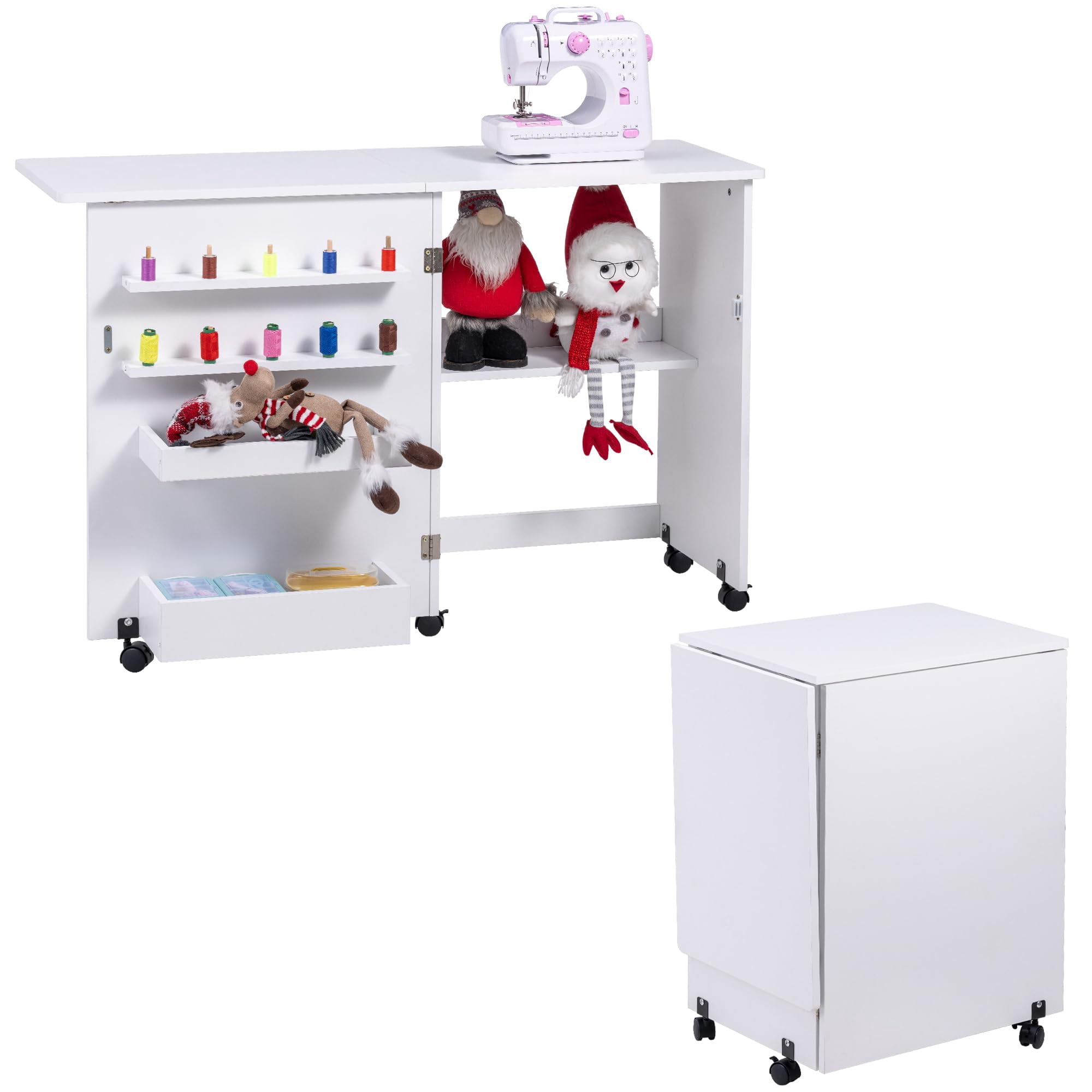 Vividwood Folding Sewing Table, Multipurpose Sewing Machine Table with Compact Design, Wheels, Shelves, Bins, Pegs, Magnetic Locks (White)