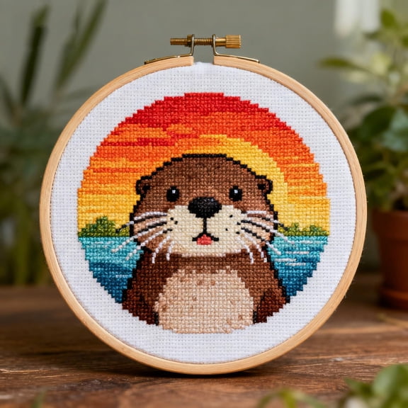 DIY Cross Stitch Kits Otter and Sunset Sea Easy for Beginners 11CT Stamped Counted Cross Stitch with Hoop Needlepoint Embroidery Set Craft Wall Decor 20x20cm