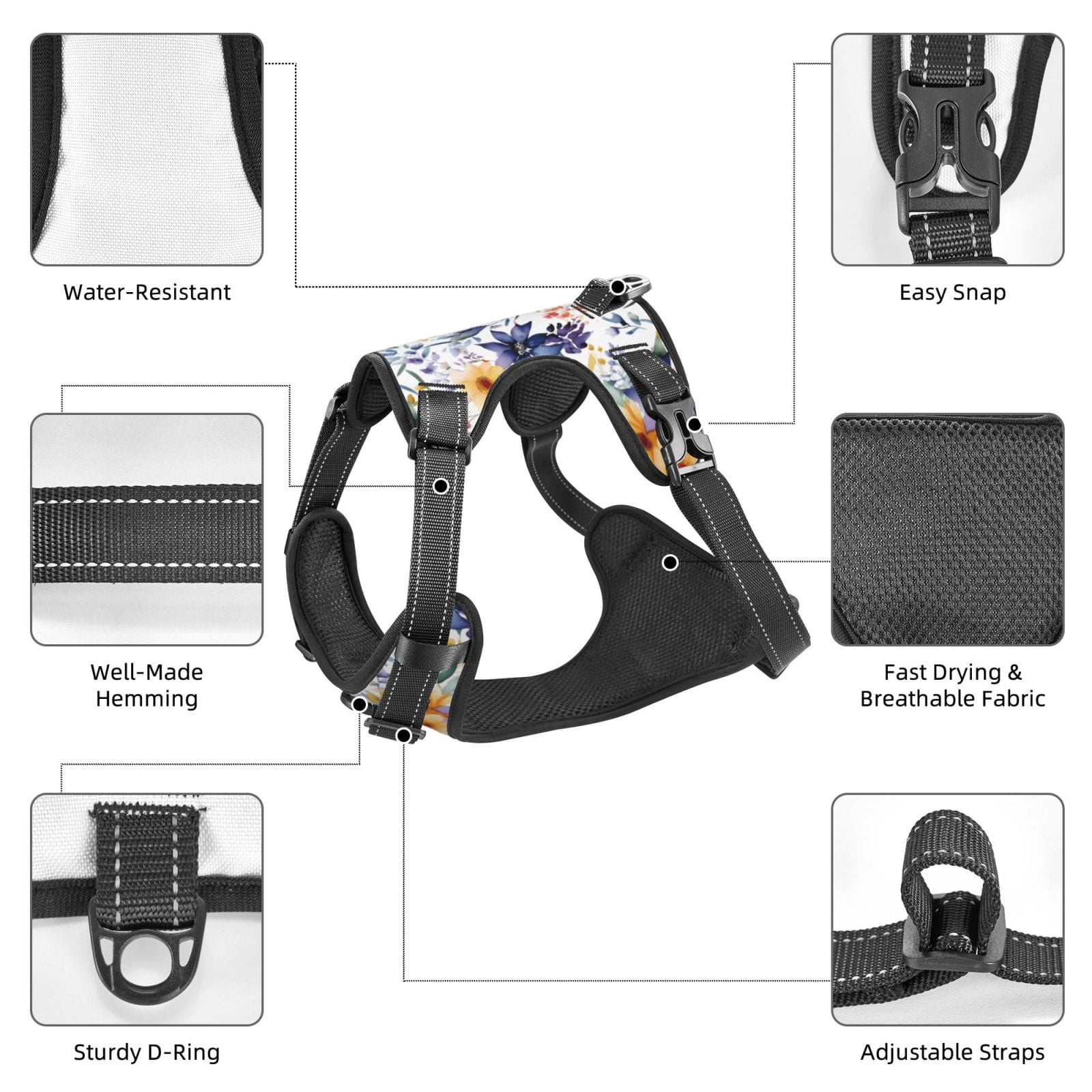 Kdxio Lilies Flowers Print No Pull Dog Harness Adjustable Reflective Oxford Easy Control Medium Large Dog Harness for Training and Everyday-Large