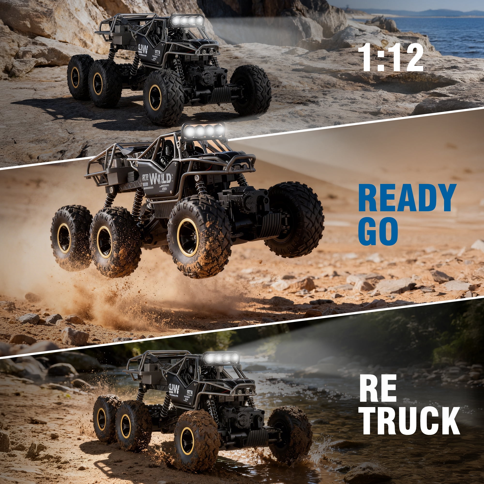 Furnibear 1:12 RC Car for Kids Adults,6WD Monster Truck Remote Control Car,2.4Ghz Waterproof All Terrain Off Road RC Truck Toy Gifts for Boys and Girls
