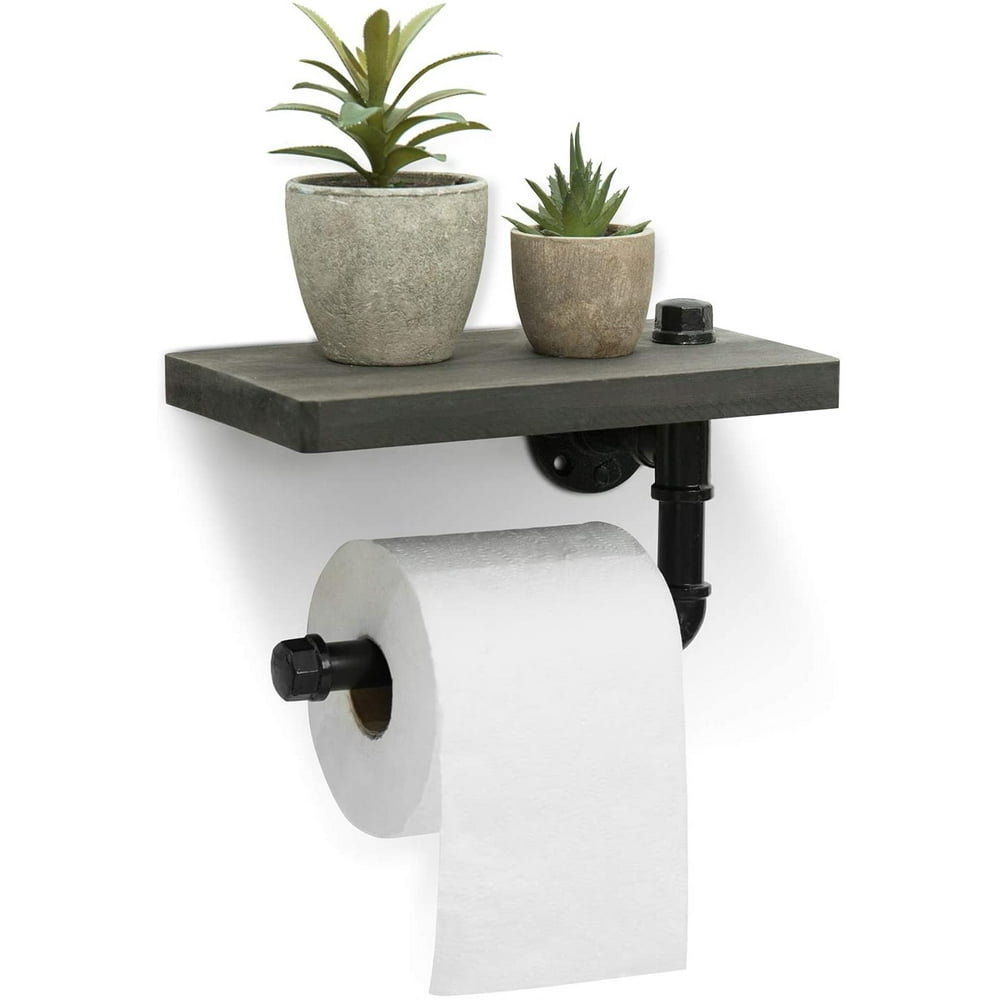 MyGift WallMounted Pipe Design Toilet Paper Holder with Gray Wood