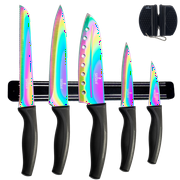 SiliSlick Rainbow Kitchen Knives Set(Knife Sharpener & Magnetic Wall Hanger), Black Handle, Red Knife Rack
