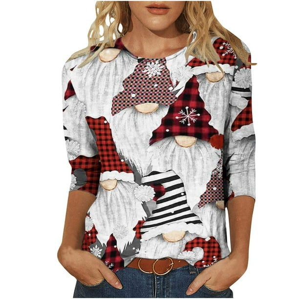 Camisas Navideñas Para Mujer Tops de Cuello Redondo Moda Impresa Suelta 3/4 Mangas Blusa Informal Odeerbi ODB194616