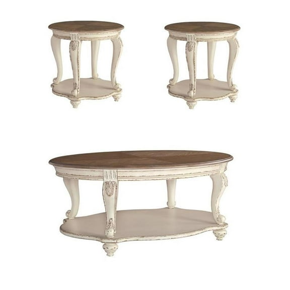 Pemberly Row Set of 3 Round End Table & Oval Coffee Table in White and Brown