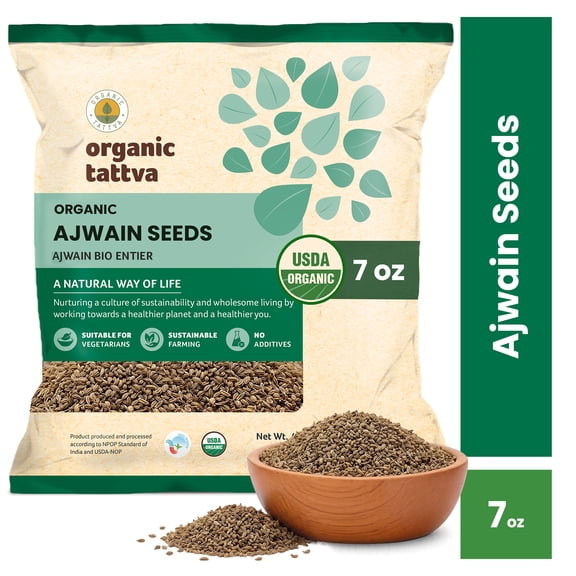 Organic Tattva Ajwain Seeds (7 oz/200 gm), Cold Whole Spices with Natural Oils, No Additives, USDA Certified