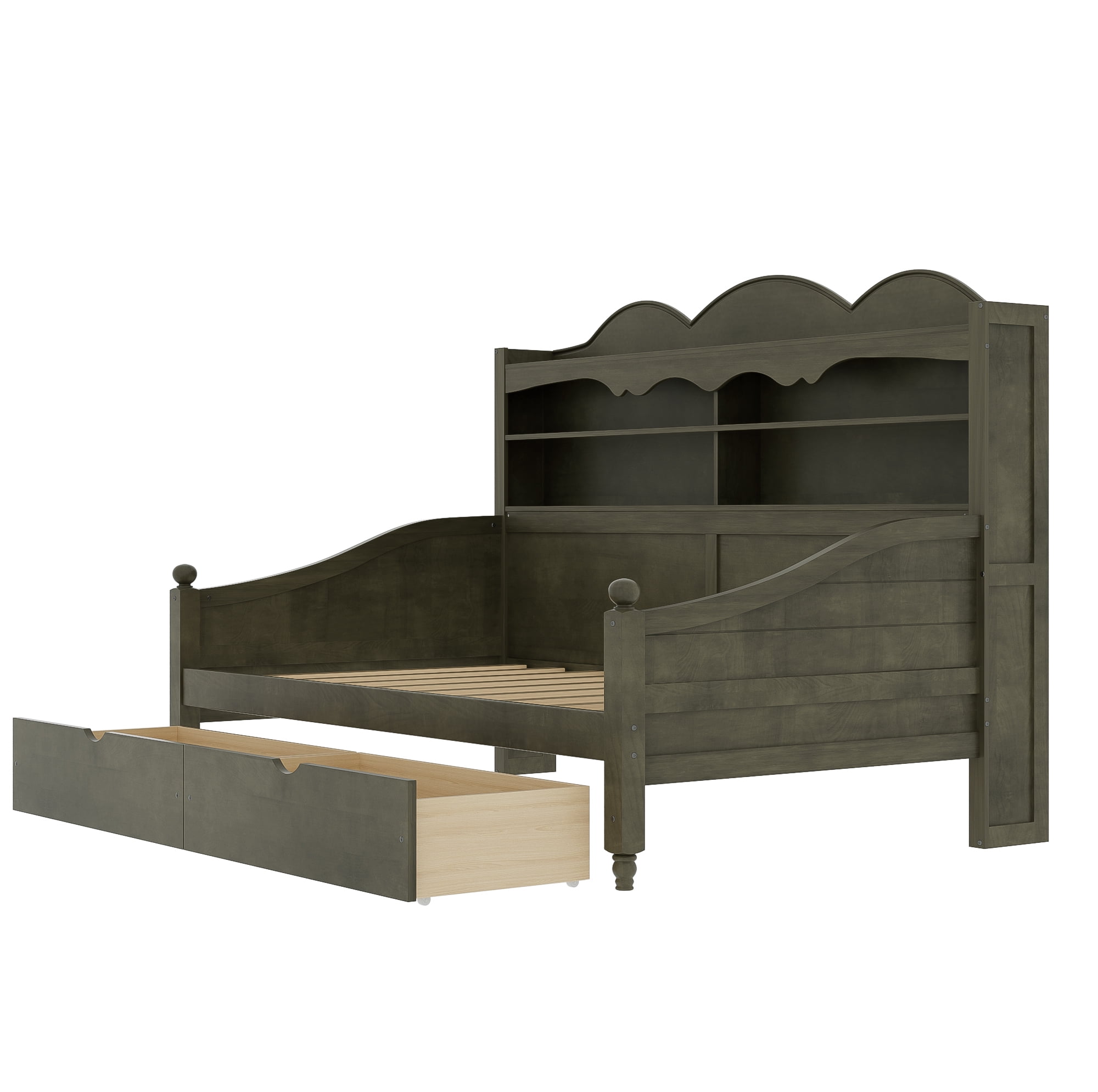Euroco Wood Twin Size Daybed with Drawers, Captain Bed with Shelves, Antique Grey