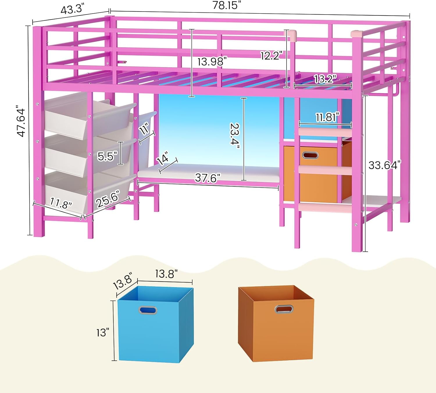 Mabor Twin Size Loft Bed with LED Lights & Reading Bench, Metal Loft Bed Frame with Bookshelf & Storage Basket & Stairs & Full-Length Guardrail for Bedroom, Pink