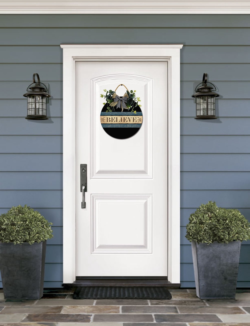 Bless All Who Enter Front Door Sign - 12\" Round Rustic Wood Plaque With Burlap Bow & Eucalyptus, Farmhouse Porch Decor