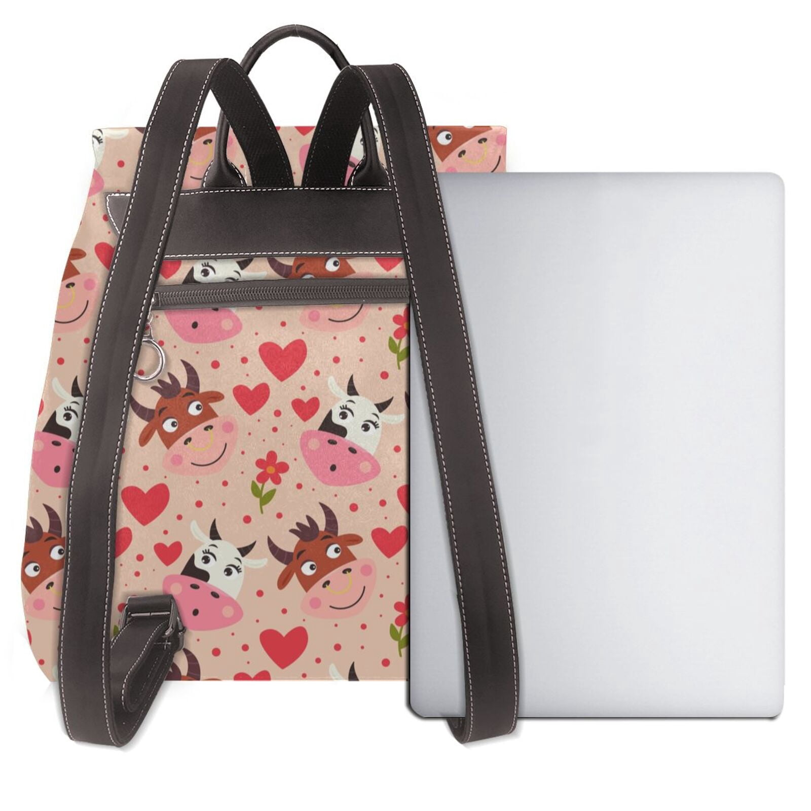 Xecao Cow Flower And Heart Print Large Backpack Soft Leather for Women Travel with Compartment, Adjustable Convertible Strap