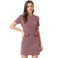 thumbnail image 1 of Vestido de tubo de oficina de negocios con patrón de manga corta y cuello redondo de pata de gallo vintage para mujer Rojo S, 1 of 5
