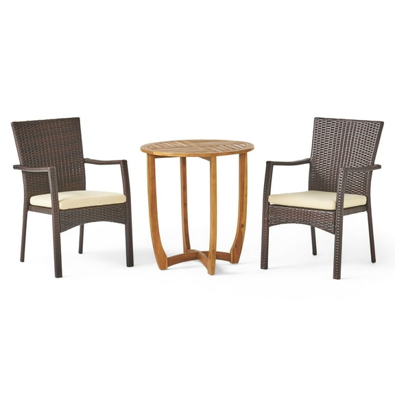 GDF Studio Heminger Outdoor Acacia Wood and Wicker 3 Piece Bistro Set with Cushions, Teak, Brown, and Beige