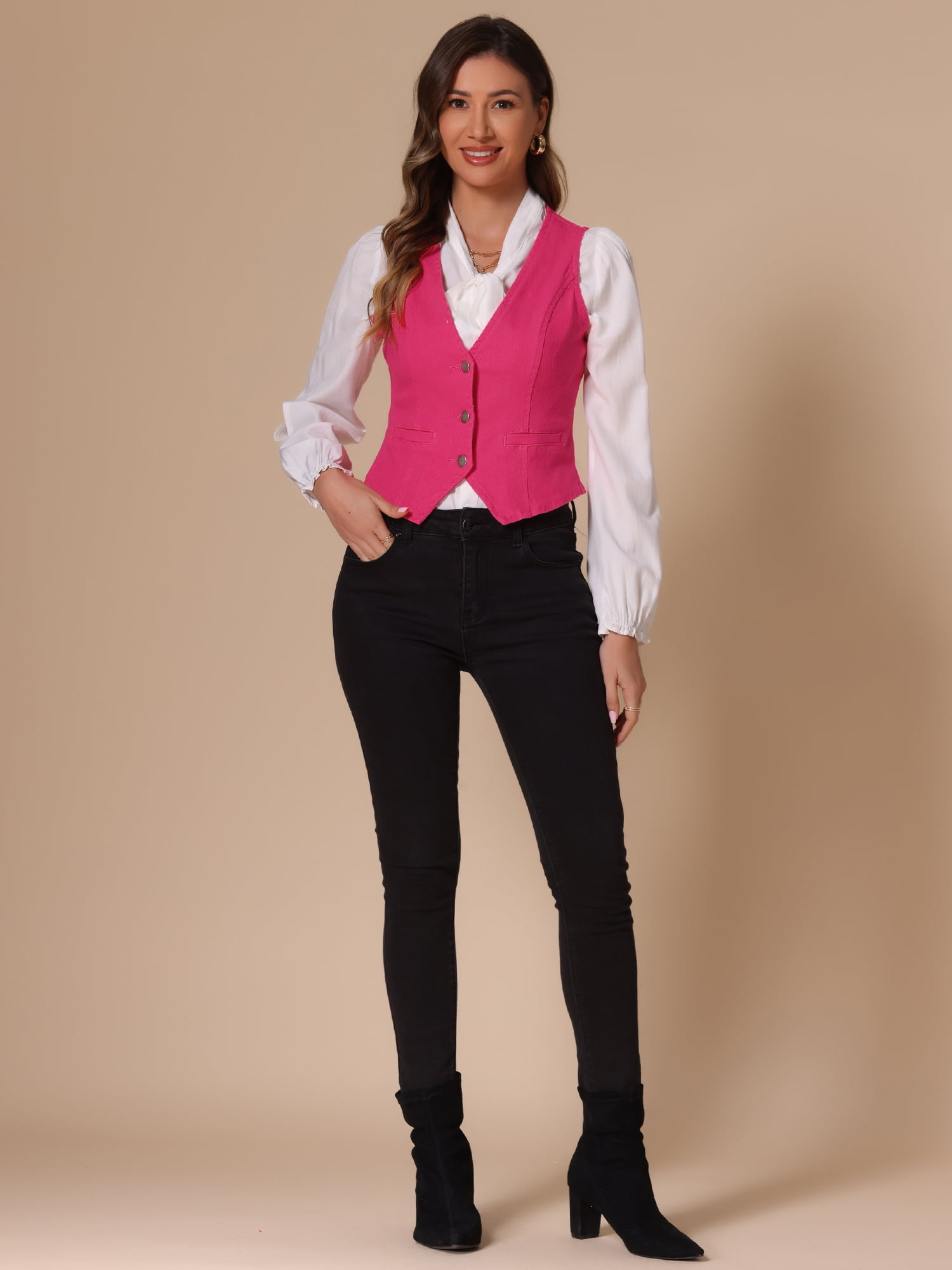 DARING DIVA Women's Sleeveless V Neck Casual Waistcoat Vest Jacket S Hot Pink