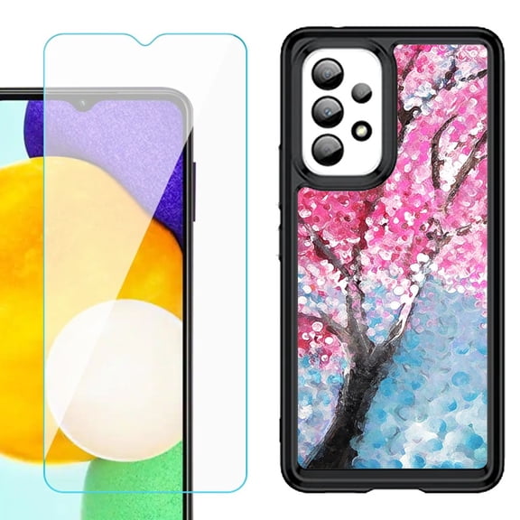 Shockproof Bumper (Black Frame) phone Case for Samsung Galaxy A23 5G, with Tempered Glass Screen Protector, by OneToughShield ® - Blossom Paint