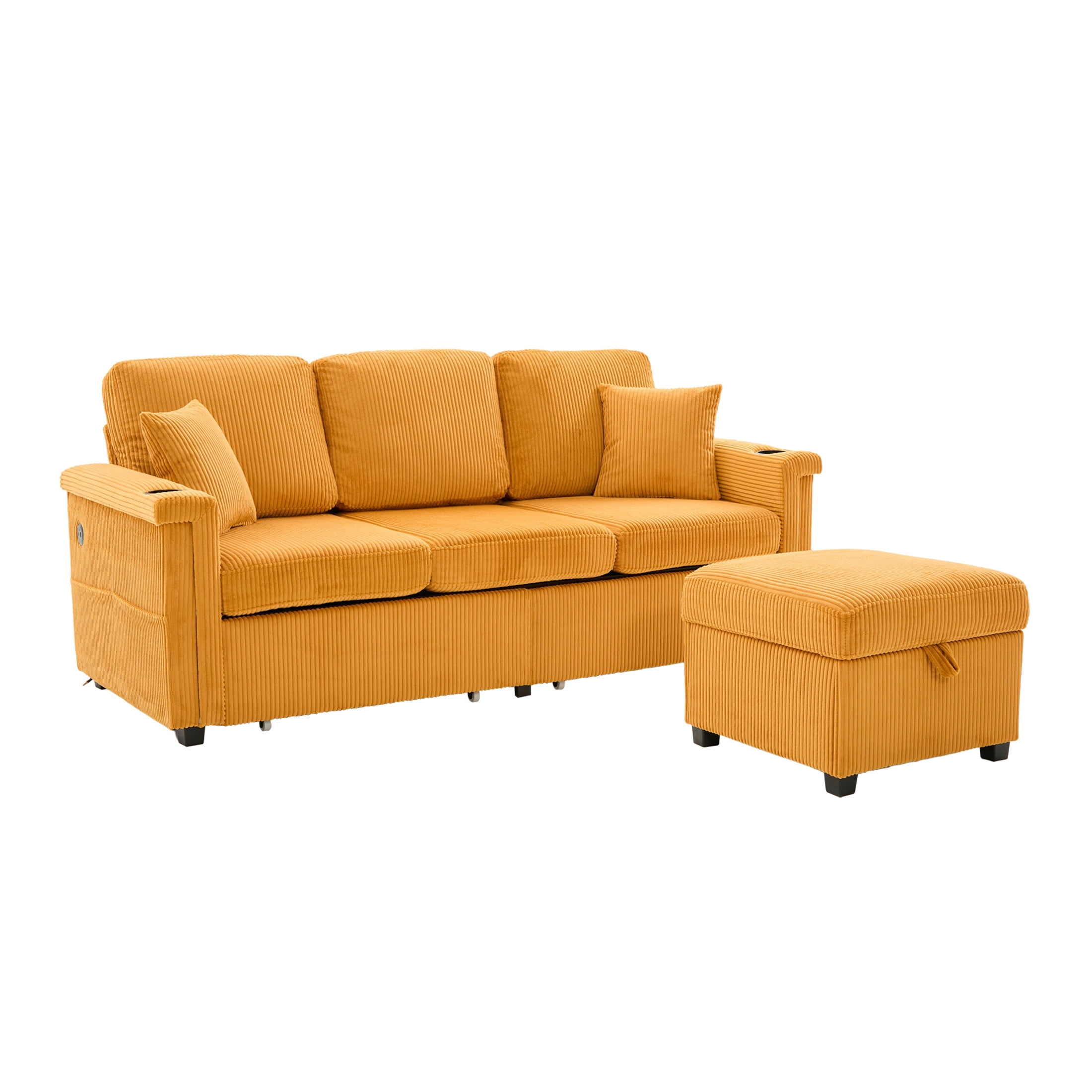 Noble House Elena 4-Seater L-Shaped Corduroy Sectional Sofa with Pull-Out Storage, Ottoman for Living Room, Mustard Yellow