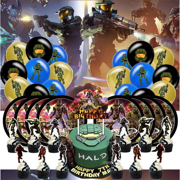 Halo Party Supplies Birthday Balloons Plates Decoration Cake Topper Decor Tableware Banner Backdrop