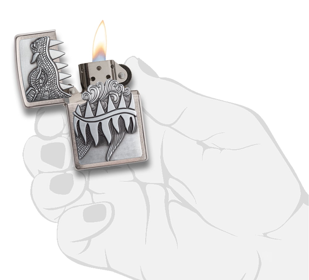 Zippo Fire Breathing Dragon Emblem Brushed Chrome Windproof