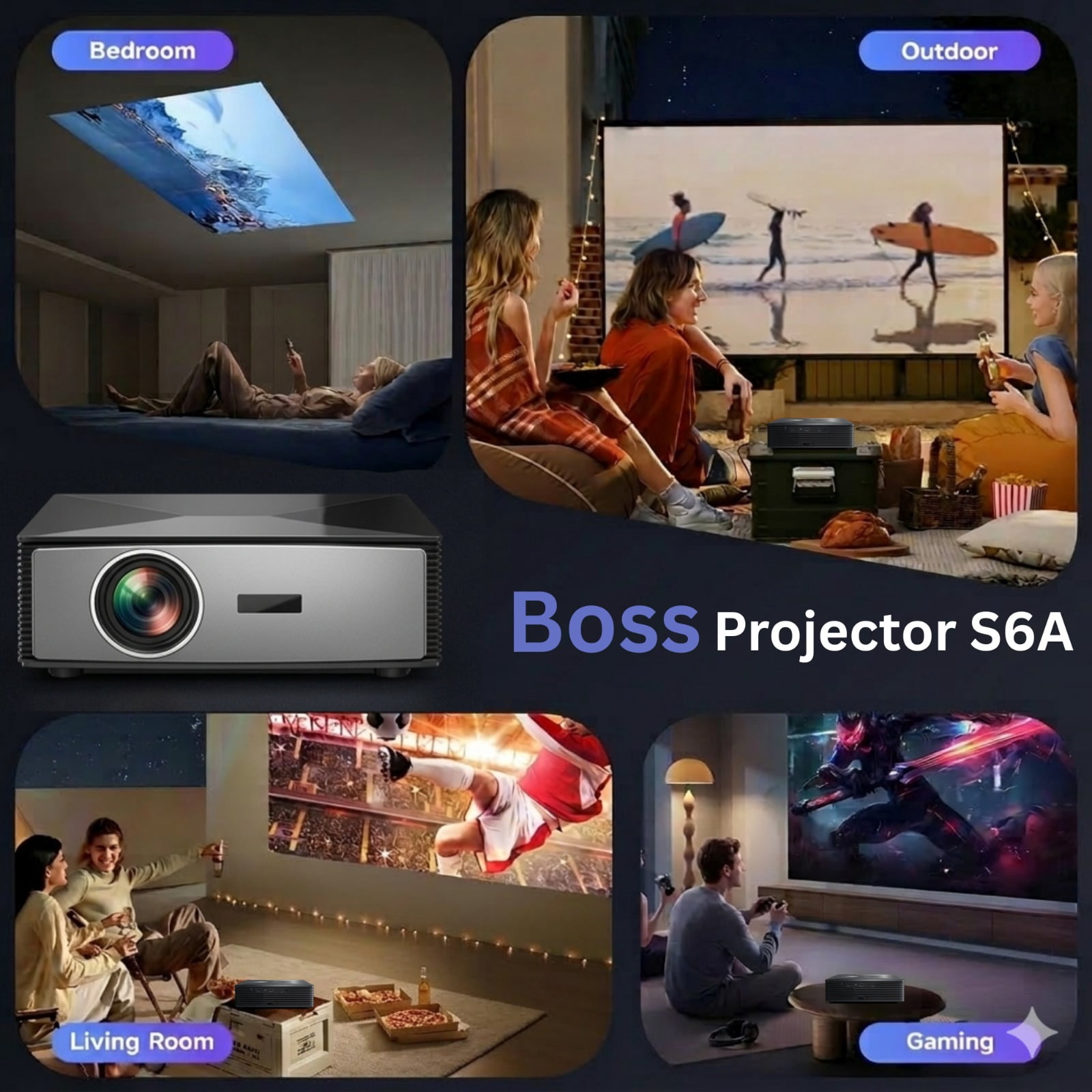 Boss Projector Mini 4K Support, Portable Smart Projector with Wifi 6 and Bluetooth, 5000 Lumens, Auto Keystone, Android 12