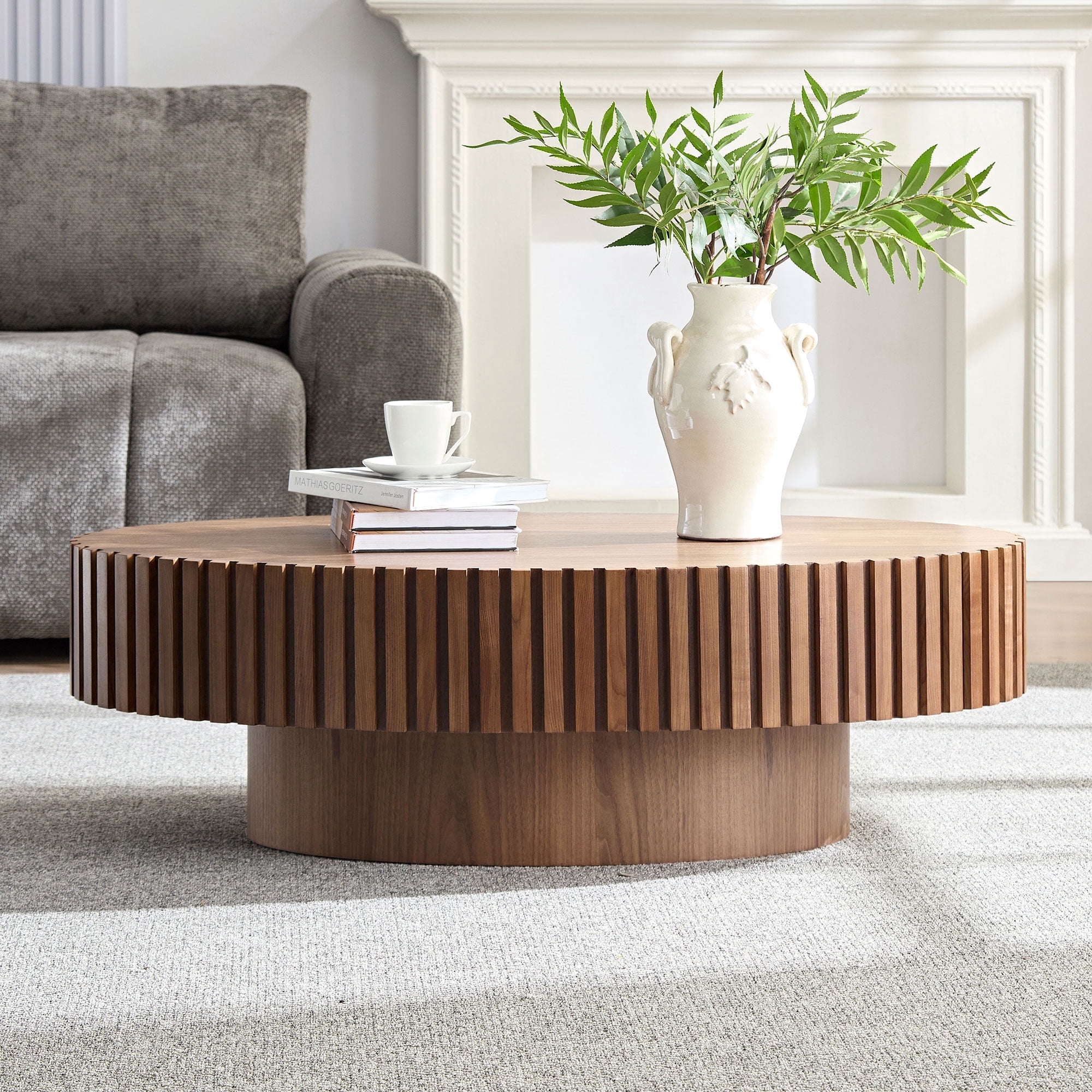 HIUU Modern Coffee Table with Solid Wood and MDF Base (Walnut),Fluted Coffee Table