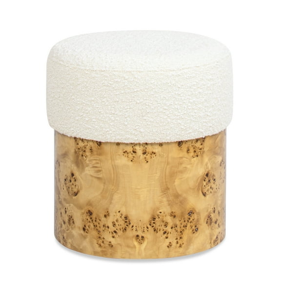Jennifer Taylor Home Nebula Round Burl Wood Upholstered Ottoman, Ivory White Boucle