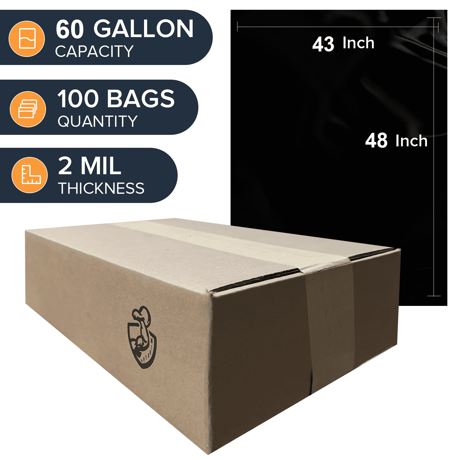 100 Pack -55-60 Gallon Heavy Duty Trash Can Bags - 2 Mil Thickness, Ultra Durable, Leak Proof, Black -large yard waste bags，Ideal for Kitchen, Commercial, Building - Made in the USA