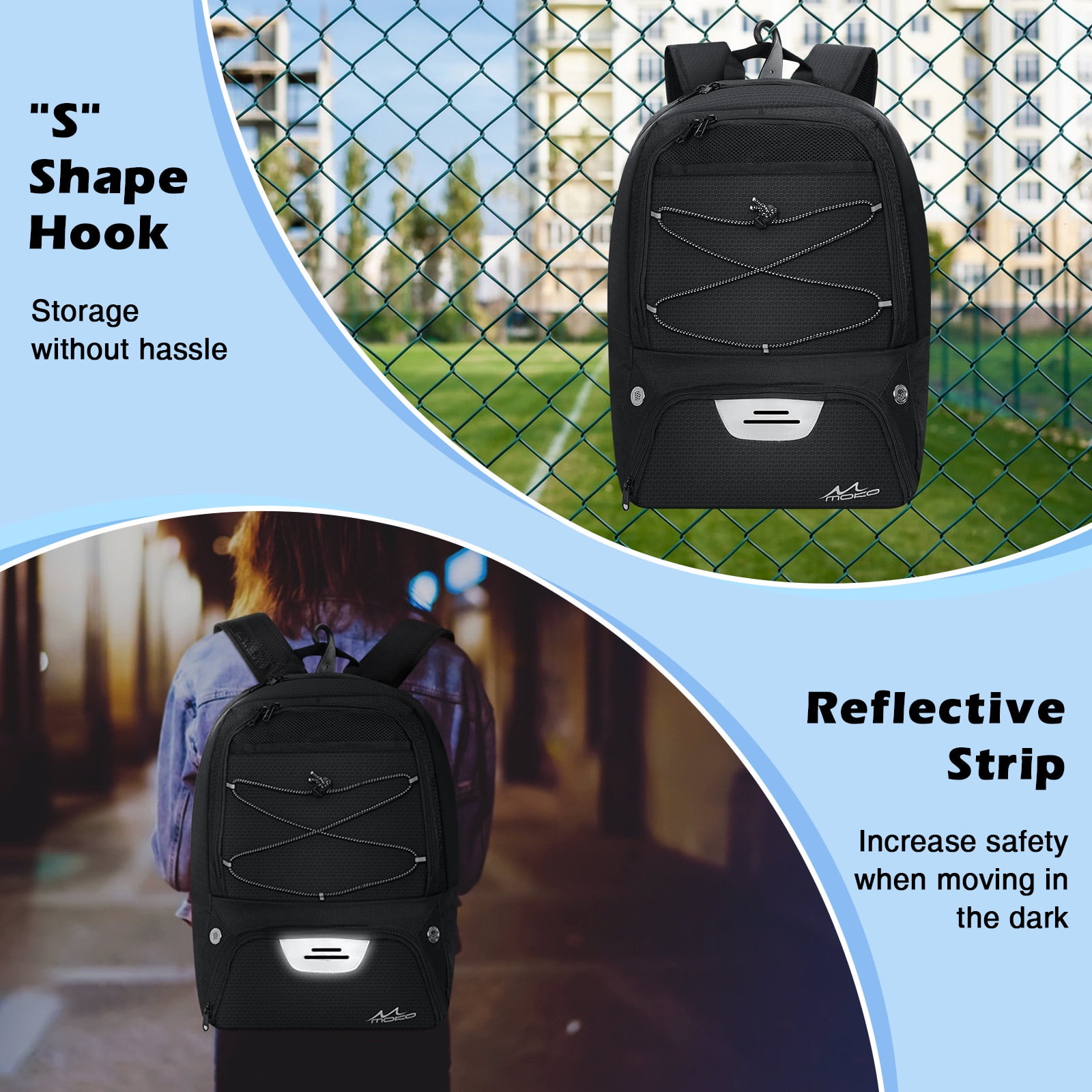 MoKo Basketball Bag Backpack with Ball Shoe Compartment, Sports Equipment Bags for Youth, Black