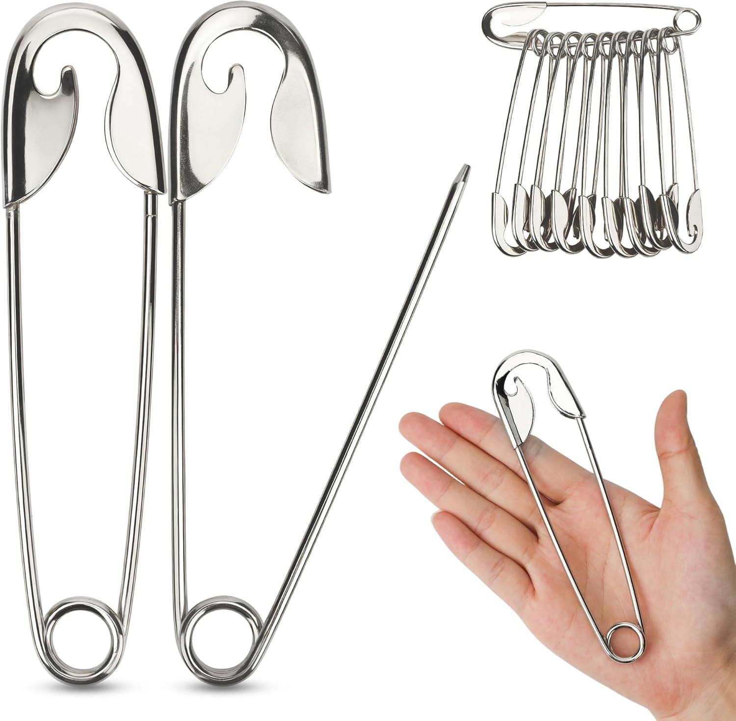 ABCISI 15 Pcs Large Safety Pins, 5.5 Inch Heavy Duty Safety Pins for Thick Fabric, Stainless Steel Giant Safety Pins for Clothes Blankets Crafts and Decorations Outdoor (Silver)