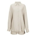 thumbnail image 7 of Women's 2 Piece Cotton Outfits, Loose Casual Long Sleeve Button Shirt and Shorts Tracksuit Beach Vacation Sets Womens Casual 2 Piece Outfits Cotton Linen Sets Beige L, 7 of 7