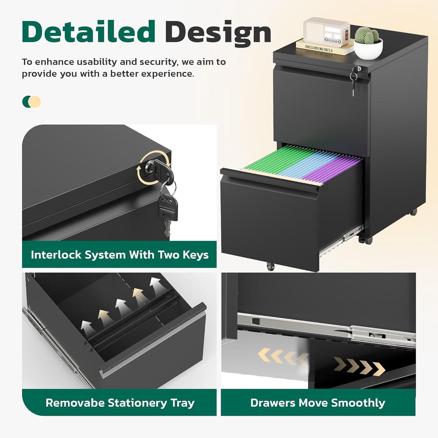 SOLAURA 2 Drawer File Cabinet with Wheels & Lock, Metal Rolling File Cabinet, Under Desk Mobile Filing Cabinet  for Office, Fits Legal/Letter/A4 Size(Unassembled, Black)