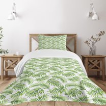 Ambesonne Palm Leaf Quilted Bedspread Set 2 Pcs, Exotic Tree Hawaiian, Twin Size, Fern Green