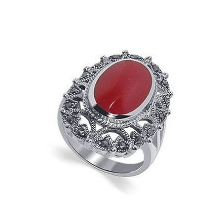Gemstone Oval Ring - Gem Avenue 925 Sterling Silver Oval Simulated Coral Gemstone Inlay with Marcasite Ring