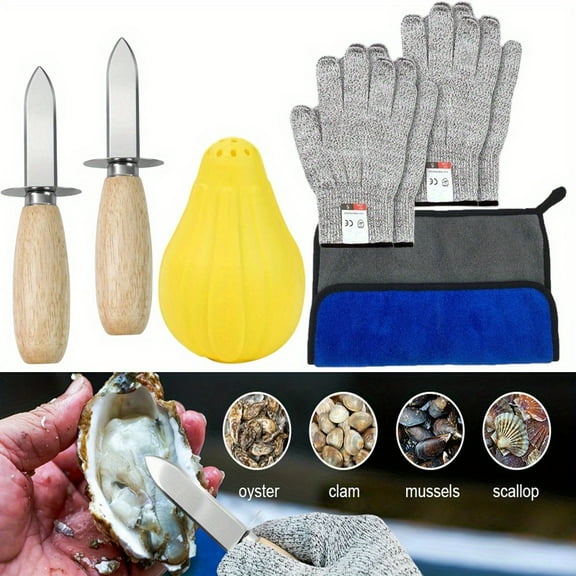 Oyster Shucking Knife, Oyster Shucker,2 Set Sturdy Sharpness Oyster Knife, 2 pack Gloves with Cut Resistant Level 5 Protection, 1 anti-slip cloth and 1 lemon-squeezer for Seafood Lovers