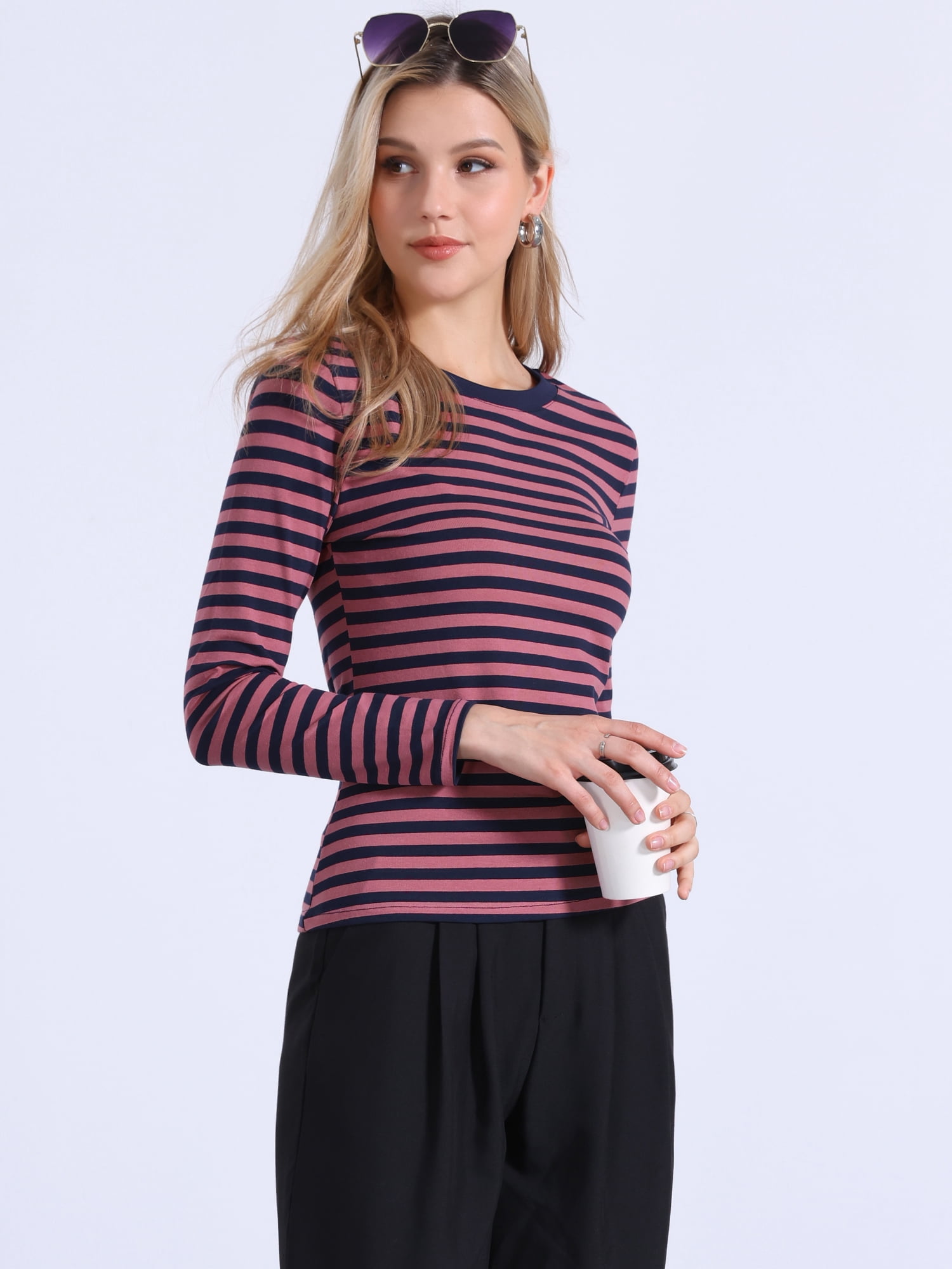 DARING DIVA Women's Striped Long Sleeve Cotton Crew Neck Fitted Tees M Pink Stripe